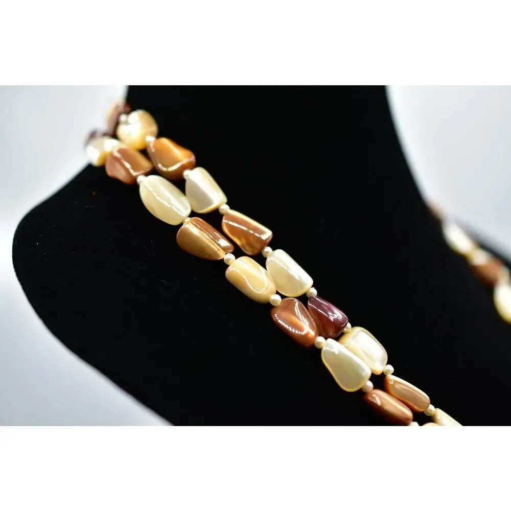 Vintage Necklace Long Stone Beaded Neutral Beige Brown White 48